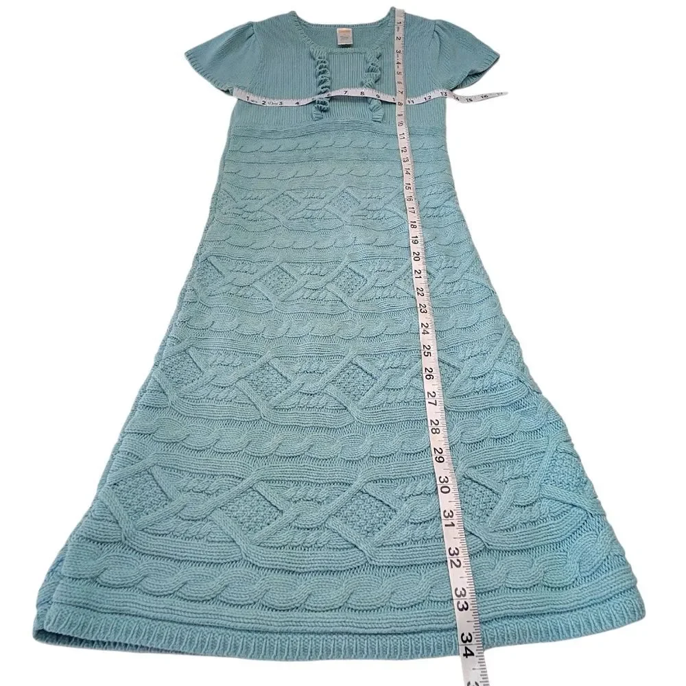 Gymboree Cable Knit Sweater Dress Girls Size 10 Aqua Blue Short Sleeve Ruffle